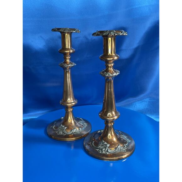 Antique Pair of Copper and Pewter Tall Candlestick Holders - Picture 3 of 8
